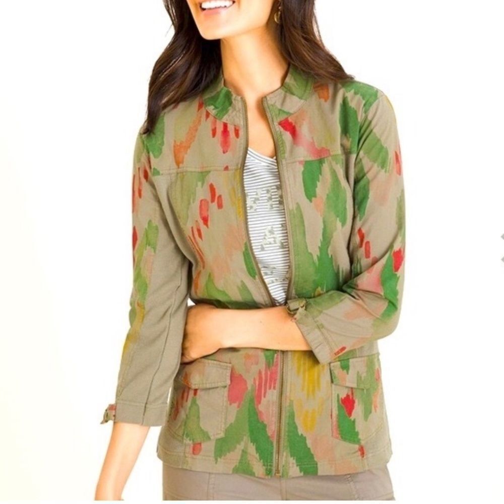 CHICOS ZENERGY IKAT KHAKI LIGHTWEIGHT JACKET SIZE 1P
